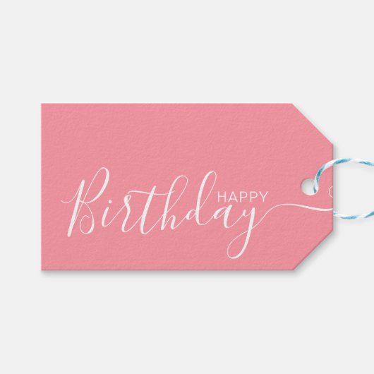 Happy Birthday Pink White Modern Cadeaulabel (Voorkant (Horizontaal))