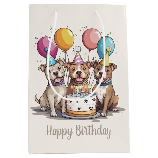 Happy Birthday Pit Bull Dogs Medium Cadeauzakje (Voorkant)