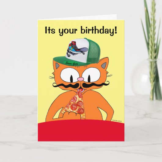 Happy Birthday Pizza Party Cartoon Cat Funny Kaart (Voorkant)