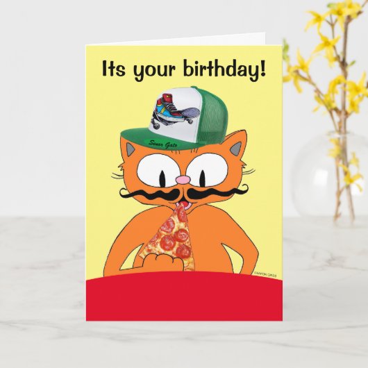 Happy Birthday Pizza Party Cartoon Cat Funny Kaart (Gele Bloem)