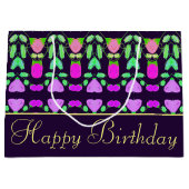 Happy Birthday Plum Paarse Patroon Gift Bag Groot Cadeauzakje (Voorkant)