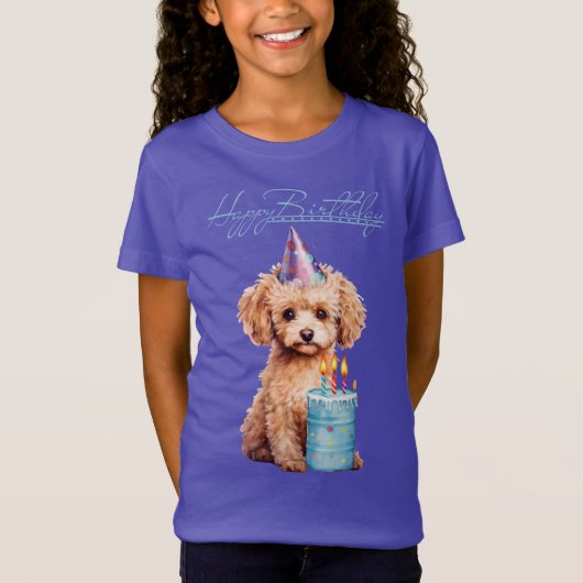 Happy Birthday Poodle met Party Pet & Bday Cake T-shirt (Voorkant)