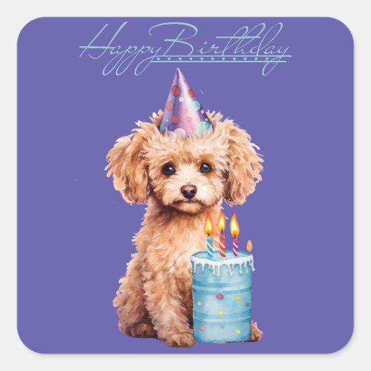 Happy Birthday Poodle met Party Pet & Bday Cake Vierkante Sticker (Voorkant)