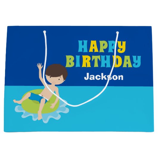 Happy Birthday Pool Party Custom Jongens Naam Groot Cadeauzakje (Voorkant)