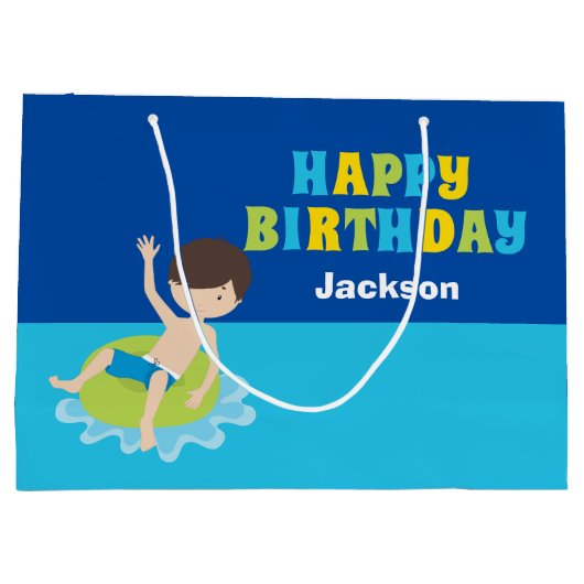 Happy Birthday Pool Party Custom Jongens Naam Groot Cadeauzakje (Achterkant)