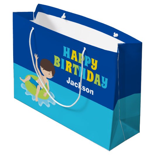 Happy Birthday Pool Party Custom Jongens Naam Groot Cadeauzakje (Achterkant Gekanteld)