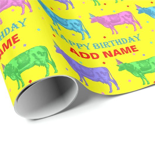Happy Birthday Pop Art Koeien Cadeaupapier (Rol Hoek)
