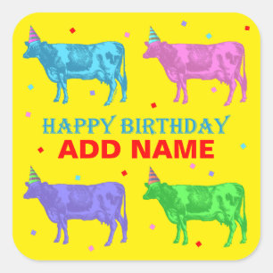 Happy Birthday Pop Art Koeien Vierkante Sticker