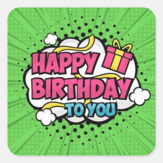 Happy Birthday Pop Art Vierkante Sticker (Voorkant)