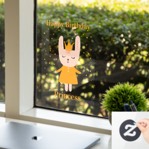 Happy Birthday Princess Bunny Design Window Cling Raamsticker