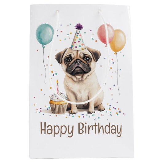 Happy Birthday Pug Dog Medium Cadeauzakje (Voorkant)