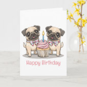 Happy Birthday Pug Dogs Cupcake Kaart (Gele Bloem)