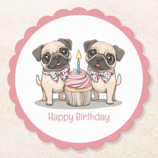 Happy Birthday Pug Dogs Cupcake Kartonnen Onderzetters (Voorkant)