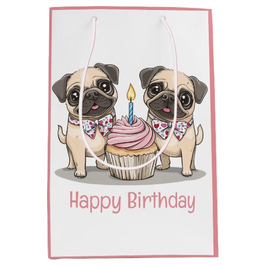 Happy Birthday Pug Dogs Cupcake Medium Cadeauzakje (Voorkant)