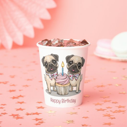 Happy Birthday Pug Dogs Cupcake Papieren Bekers (Insitu)