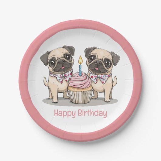 Happy Birthday Pug Dogs Cupcake Papieren Bordje (Voorkant)