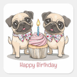 Happy Birthday Pug Dogs Cupcake Vierkante Sticker