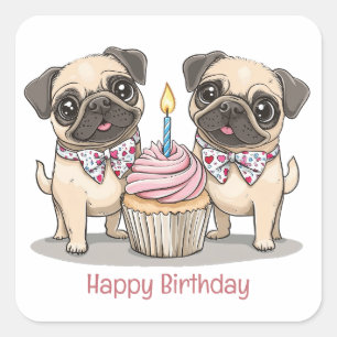 Happy Birthday Pug Dogs Cupcake Vierkante Sticker