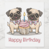 Happy Birthday Pug Dogs Cupcake Wijn Etiket (Enkel label)