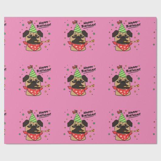 Happy Birthday Pug Girl Cadeaupapier (Vlak)