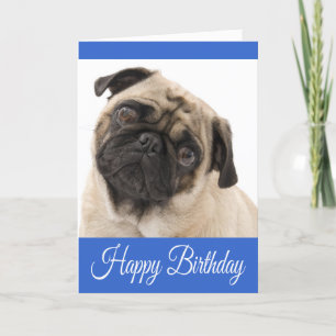 Happy Birthday Pug Puppy Dog Blauw Wenskaart Kaart