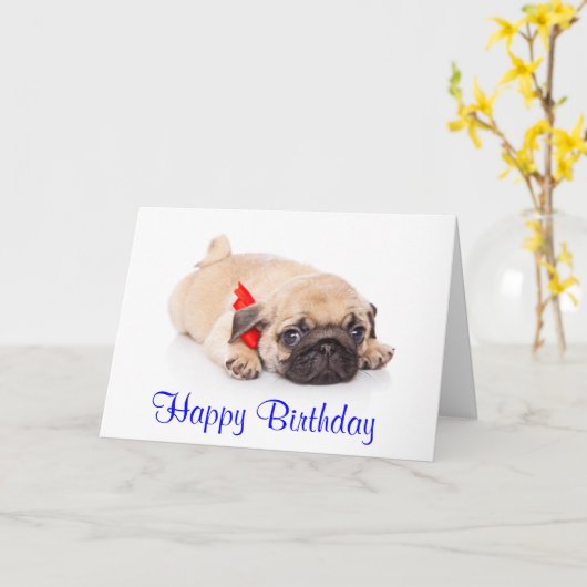 Happy Birthday Pug Puppy Dog Kaart (Gele Bloem)