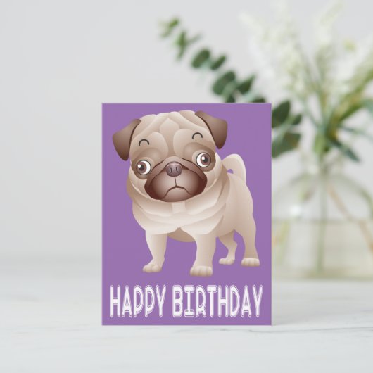 Happy Birthday Pug Puppy Dog Paarse Briefkaart (Staand voorkant)
