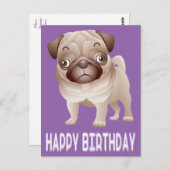 Happy Birthday Pug Puppy Dog Paarse Briefkaart (Voorkant / Achterkant)