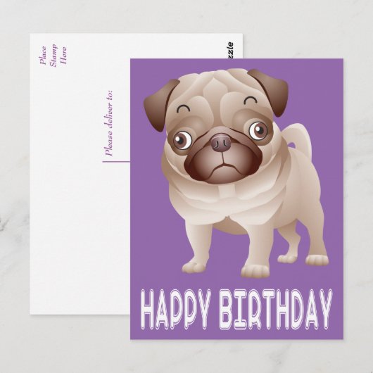 Happy Birthday Pug Puppy Dog Paarse Briefkaart (Voorkant / Achterkant)