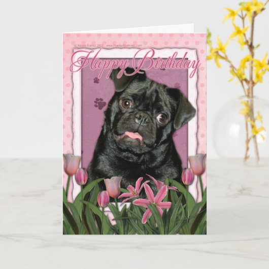 Happy Birthday - Pug - Ruffy Kaart (Gele Bloem)