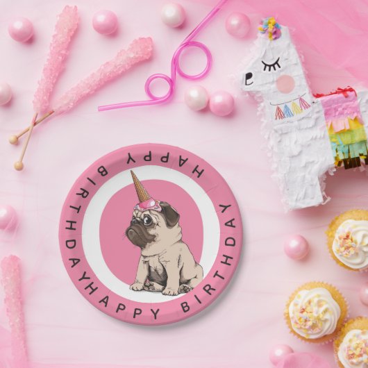 Happy Birthday | Pugicorn Papieren Bordje (Feest)