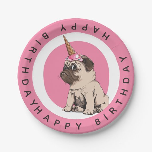 Happy Birthday | Pugicorn Papieren Bordje (Voorkant)