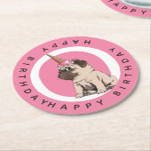 Happy Birthday | Pugicorn Ronde Kartonnen Onderzetter (Gebogen)