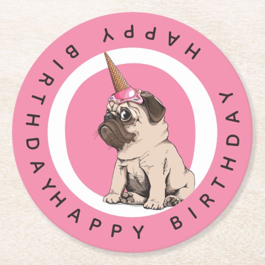 Happy Birthday | Pugicorn Ronde Kartonnen Onderzetter (Voorkant)