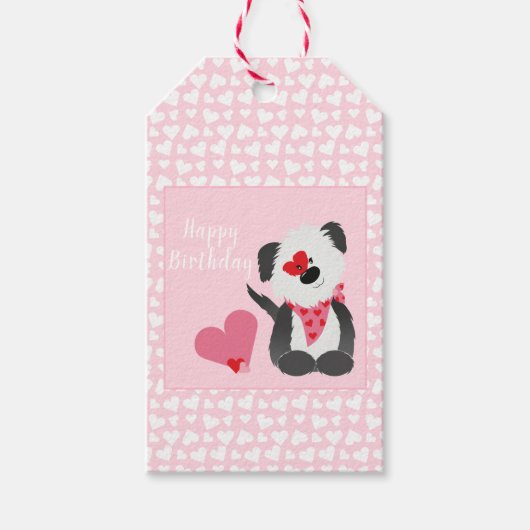 Happy Birthday Puppy Heart Pattern roze Cadeaulabel (Voorkant)