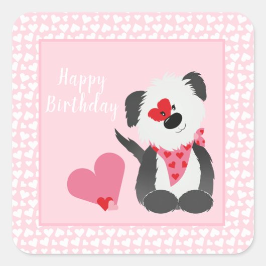 Happy Birthday Puppy Heart Pattern roze Vierkante Sticker (Voorkant)