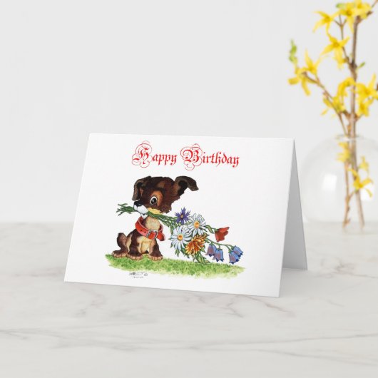Happy Birthday Puppy Kaart (Gele Bloem)