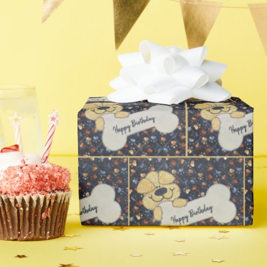 Happy Birthday Quilt Dog With a Bone Cadeaupapier (Verjaardagsfeest)