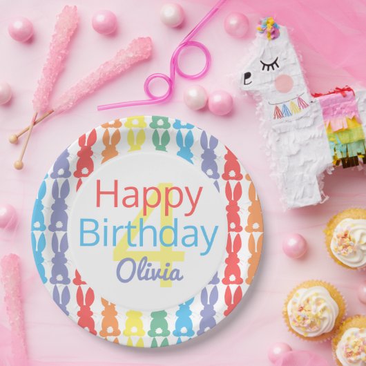 Happy Birthday Rainbow Bunny - Gepersonaliseerde K Papieren Bordje (Feest)