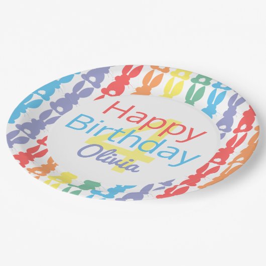 Happy Birthday Rainbow Bunny - Gepersonaliseerde K Papieren Bordje (Gekanteld)
