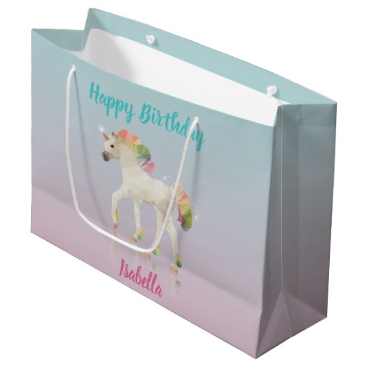 Happy Birthday Rainbow Unicorn Name Large Gift Bag Groot Cadeauzakje (Voorkant Gekanteld)