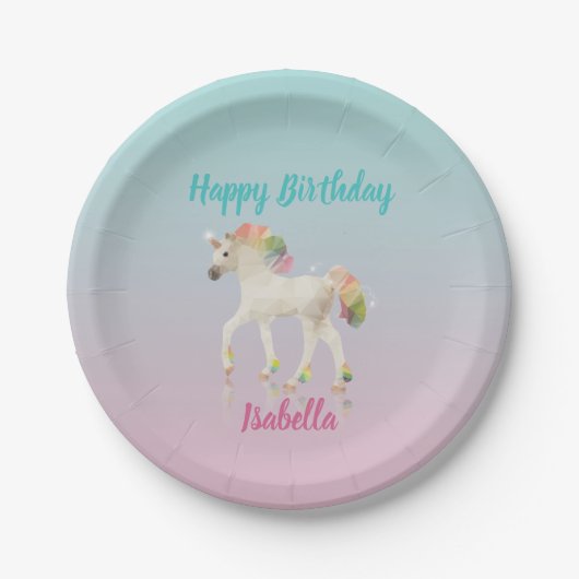 Happy Birthday Rainbow Unicorn Name Paper Bord (Voorkant)