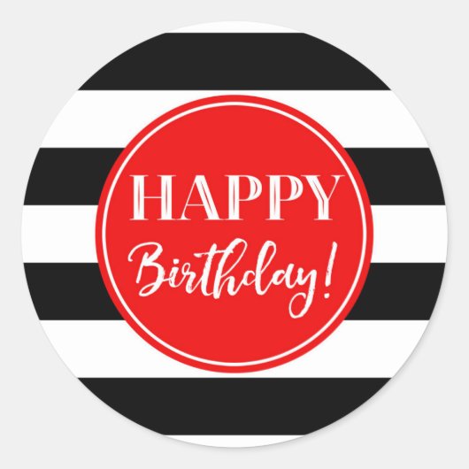 Happy Birthday Red Black White Stripes Ronde Sticker (Voorkant)