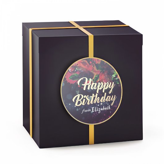 Happy Birthday Red Floral Gold Script Paars Light Ronde Sticker
