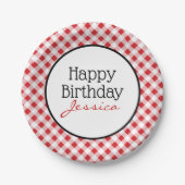 Happy Birthday Red Gingham Check Picnic Party Papieren Bordje (Voorkant)
