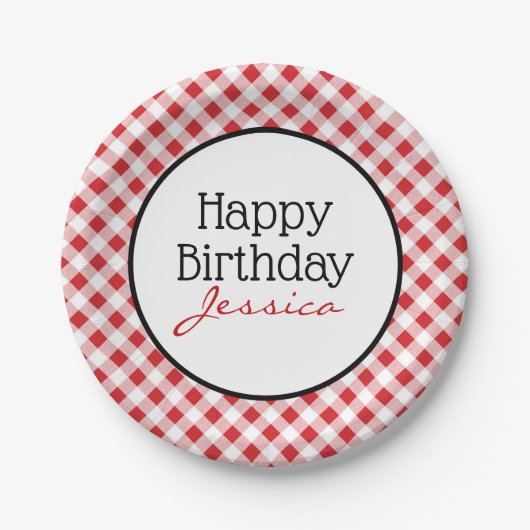 Happy Birthday Red Gingham Check Picnic Party Papieren Bordje (Voorkant)