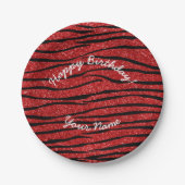 Happy Birthday red glitter zebra stripes Papieren Bordje (Voorkant)
