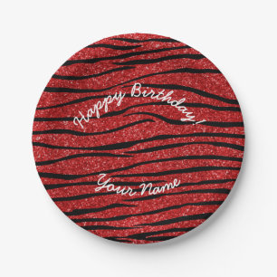 Happy Birthday red glitter zebra stripes Papieren Bordje
