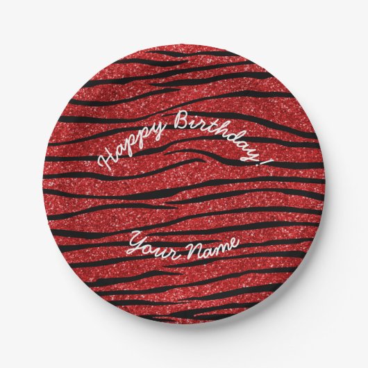 Happy Birthday red glitter zebra stripes Papieren Bordje (Voorkant)