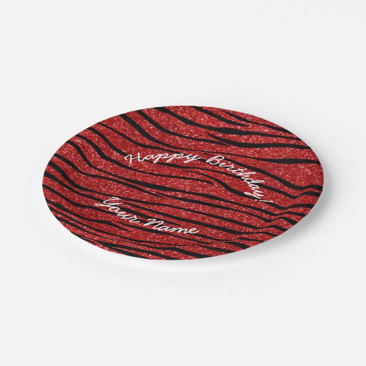 Happy Birthday red glitter zebra stripes Papieren Bordje (Gekanteld)